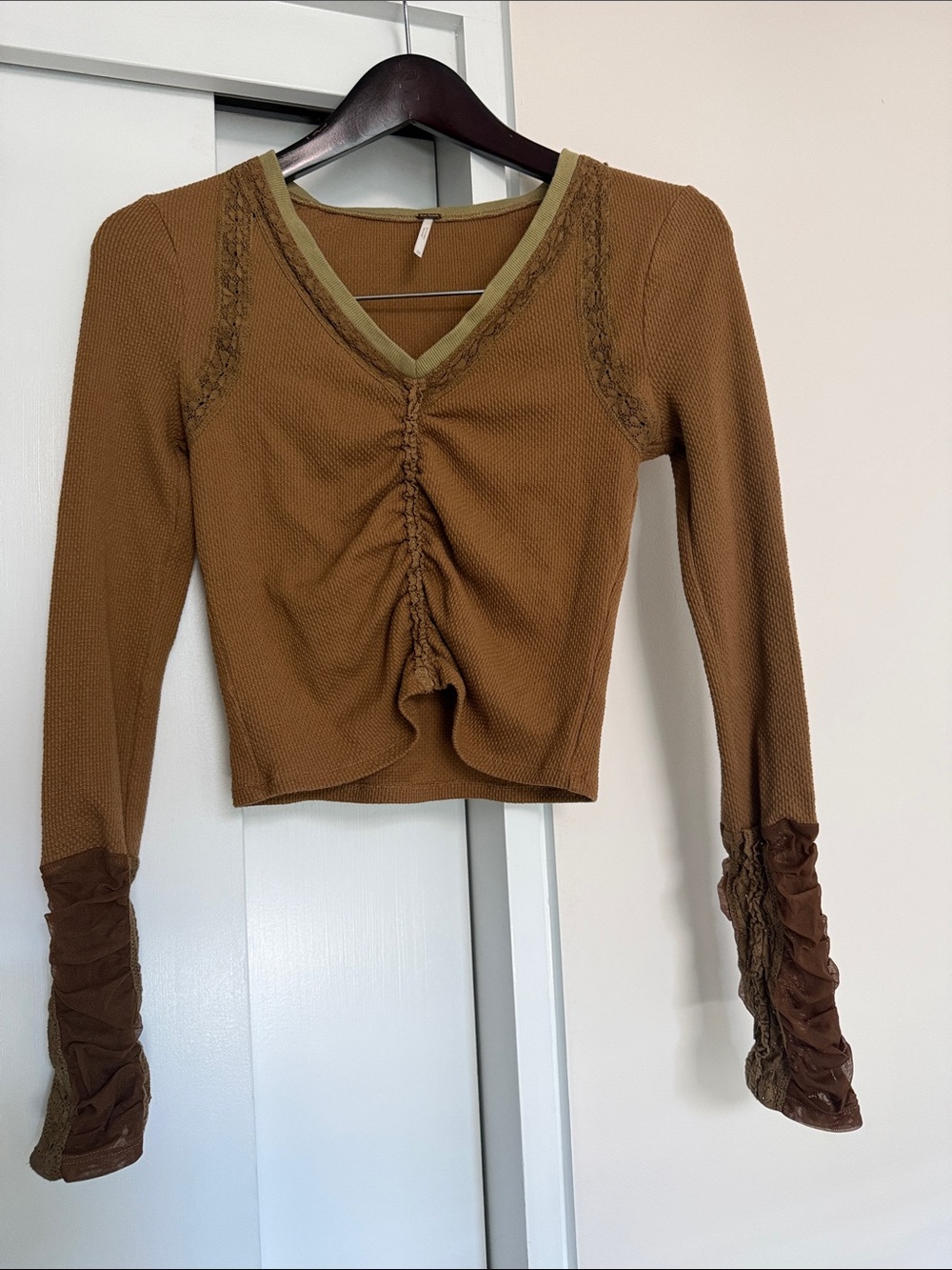 Free People Chestnut Brown Ruched V-Neck Long Sleeve Tee